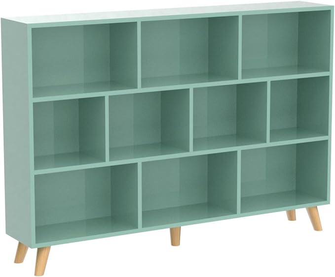 IOTXY Wooden Open Shelf Bookcase - 3-Tier Floor Standing Display Cabinet Rack with Legs, 10 Cubes Kids Bookshelf, Tiffany-Green - LeafyLoom
