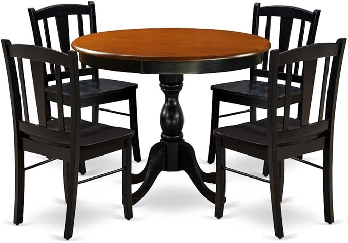 East West Furniture AMCL5-BCH-W 5 Piece Dinette Set for 4 Includes a Round Kitchen Table with Pedestal and 4 Dining Room Chairs, 36x36 Inch - LeafyLoom