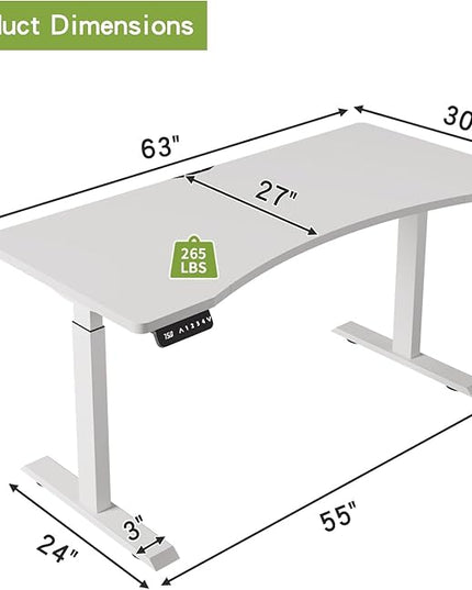 Radlove Dual Motors Height Adjustable 63 x 30'' Electric Standing Desk with Curved Design Stand Up Table 4 Memory Keys, Computer Desk with Splice Board Home Office Desk, WhiteTop + White Frame - LeafyLoom