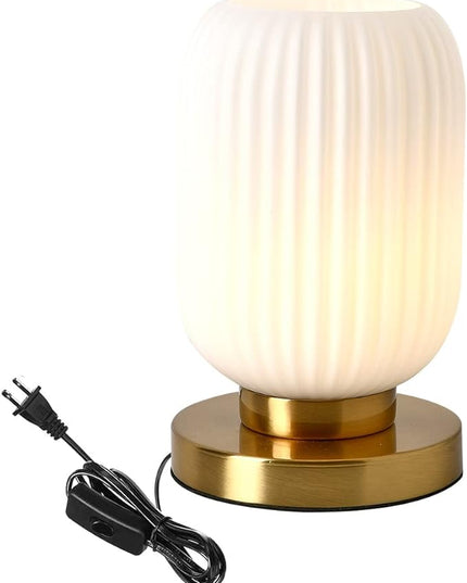 Modern Glass Table Lamp with Ribbed Shade, White, 10.6 x 5.9 inches, E26, for Bedside Bedroom Living Room Office - LeafyLoom