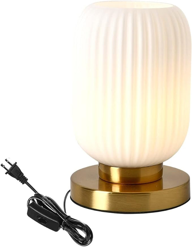 Modern Glass Table Lamp with Ribbed Shade, White, 10.6 x 5.9 inches, E26, for Bedside Bedroom Living Room Office - LeafyLoom