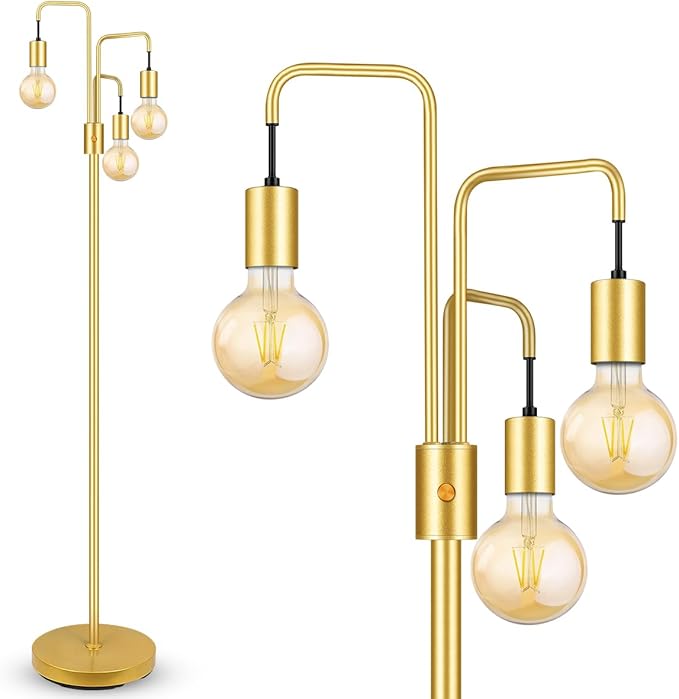 BoostArea Industrial Floor Lamp for Living Room,Gold Modern Standing Lamp Stand Up Lamp with 3 Light, Bulbs Not Included,Simple Design Floor Lamp for Bedroom, Living Room, Office, Kids Room, Reading - LeafyLoom