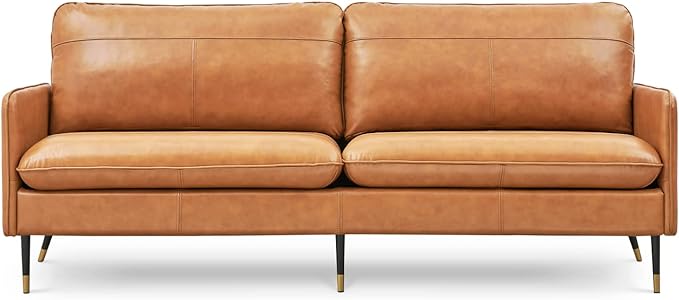 67" Top-Grain Leather Sofa, 2 Seater Loveseat Couch, Mid-Century Modern Leather Couch for Living Room Bedroom Apartment Office, Cognac Tan - LeafyLoom