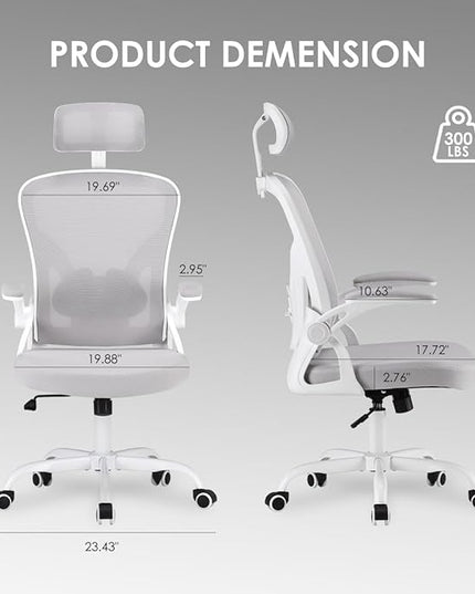 Farini Ergonomic Office Chair, Home Office Desk Chair with Headrest, High Back Computer Chair with Flip-up Armrests and Adjustable Lumbar Support.for Home Office Study Room Bedroom, Gray. - LeafyLoom
