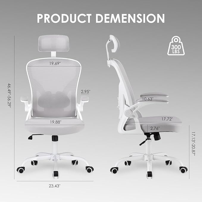 Farini Ergonomic Office Chair, Home Office Desk Chair with Headrest, High Back Computer Chair with Flip-up Armrests and Adjustable Lumbar Support.for Home Office Study Room Bedroom, Gray. - LeafyLoom