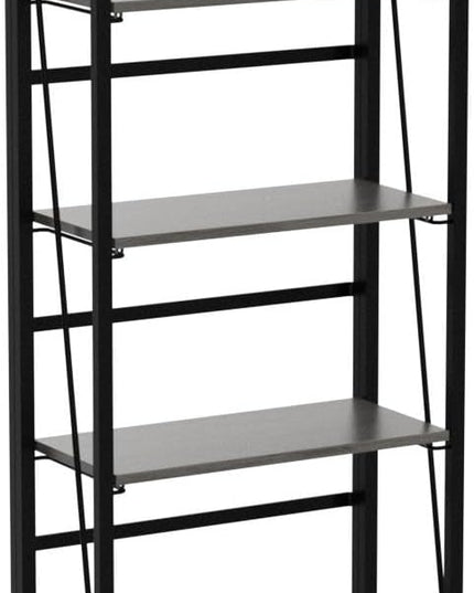 4NM No-Assembly Folding Bookshelf Storage Shelves 4 Tiers Vintage Bookcase Standing Racks Study Organizer Home Office (Gray and Black) - LeafyLoom