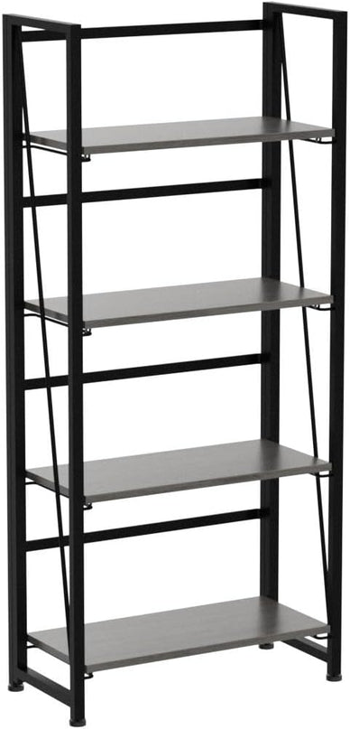 4NM No-Assembly Folding Bookshelf Storage Shelves 4 Tiers Vintage Bookcase Standing Racks Study Organizer Home Office (Gray and Black) - LeafyLoom
