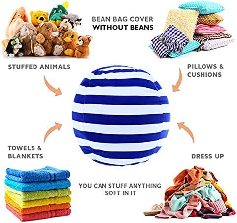 2 Packs Stuffed Animal Storage Beanbag Cover 24" Bean Bag Storage for Kids Girs Boys Room Toys Organizer Heavy-duty Zipper Bean Bag Chair Covers Only Grey Blue White Stripes Cotton Canvas - LeafyLoom