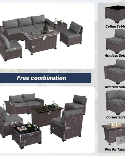 Patio Furniture Sectional Sofa Set 7 Pieces PE Rattan Patio Conversation Set w/43in Gas Fire Pit Table, Outdoor Furniture with 55000 BTU Propane Fire Pit, Grey - LeafyLoom