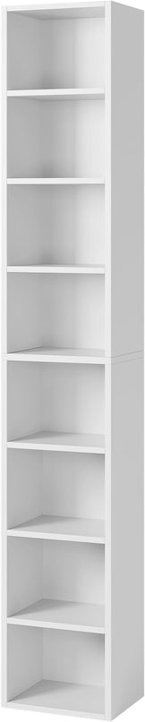 71 Inches Tall Narrow Bookshelf, 8-Tier CD DVD Slim Media Tower Rack, Corner Bookcase with Adjustable Shelves, Skinny Cubes Bookshelves for Home Office Small Space, White - LeafyLoom