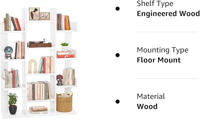 Aheaplus Bookshelf, Tree-Shaped Bookcase Storage Shelf with 13 compartments, Books Organizer Display Cube Shelves, Industrial Free Floor Standing Wood Open Bookshelves for Home, White - LeafyLoom