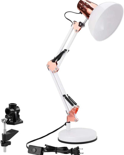 Metal Swing Arm Desk Lamps, Adjustable and Flexible,Feading with Base and Clip 2-in-1 Function, Fit E26&E27 Bulbs Base, Application in Bedroom Living Room, Office Home (White+Rose Gold) - LeafyLoom