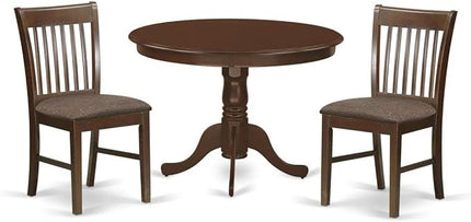 East West Furniture HLNO3-MAH-C 3 Piece Modern Dining Table Set Contains a Round Wooden Table with Pedestal and 2 Linen Fabric Upholstered Dining Chairs, 42x42 Inch, Mahogany - LeafyLoom