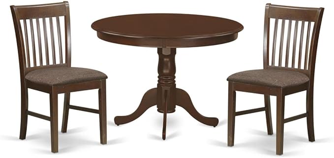 East West Furniture HLNO3-MAH-C 3 Piece Modern Dining Table Set Contains a Round Wooden Table with Pedestal and 2 Linen Fabric Upholstered Dining Chairs, 42x42 Inch, Mahogany - LeafyLoom