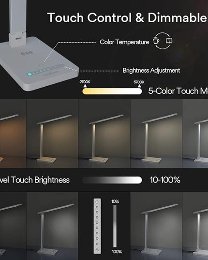 Eye-Caring LED Desk Lamp Table Lamp Reading Lamp Touch lamp with Wireless Charger and USB Port,Foldable Dimmable Small Table Desk Lamp for Living Room Bedroom Bedside Office Study,Modern White - LeafyLoom