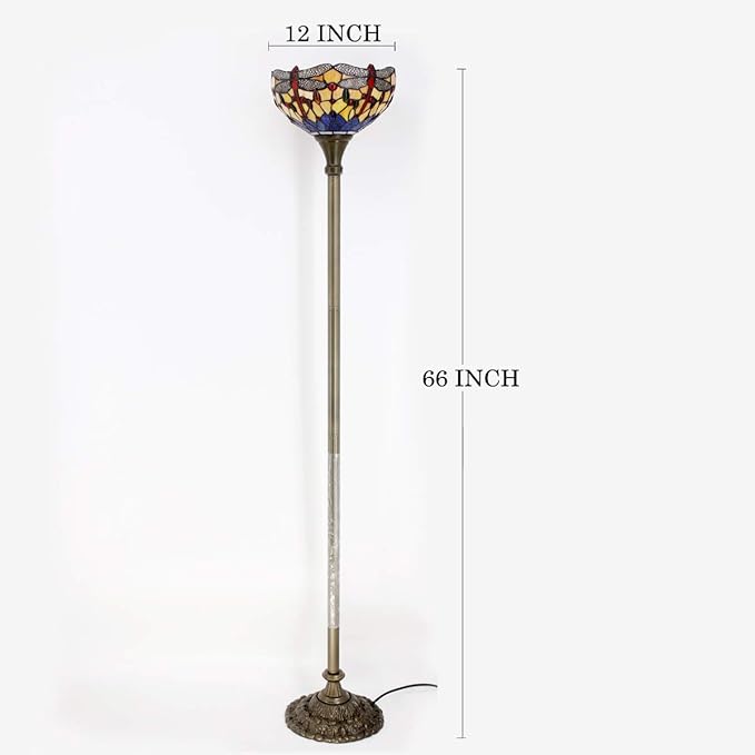 WERFACTORY Tiffany Floor Lamp Orange Blue Stained Glass Dragonfly Light 12X12X66 Inches Torchiere Standing Corner Torch Uplight Decor Bedroom Living Room Home Office S168 Series - LeafyLoom