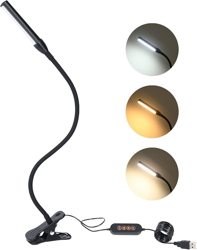 Clip on Reading Light, Clip Light, Warm & Daylight & White Light 3 Colors, Eye-Care Clamp Lamp with 10 Dimmable Illumination Modes - LeafyLoom