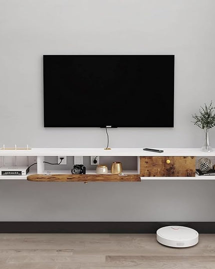Floating TV Unit, 71'' Wall Mounted TV Cabinet, Floating Shelves with Door & Drawer, Farmhouse Entertainment Media Console Center Large Storage TV Bench for Living Room (71IN, Rustic Brown) - LeafyLoom