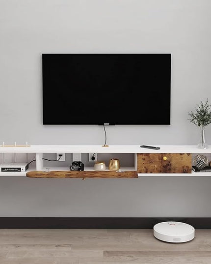 Floating TV Unit, 59'' Wall Mounted TV Cabinet, Floating Shelves with Door & Drawer, Farmhouse Entertainment Media Console Center Large Storage TV Bench for Living Room (59IN, Rustic Brown) - LeafyLoom