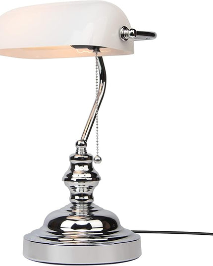FIRVRE Bankers Lamp White Shade, Bankers Desk Lamp Library Lamp with Pull Chain, Vintage Desk Lamp for Office, Study Room - LeafyLoom
