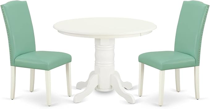 East West Furniture SHEN3-LWH-57 3 Piece Kitchen Set Contains a Round Room Table with Pedestal and 2 Pond Faux Leather Parsons Dining Chairs, 42x42 Inch - LeafyLoom