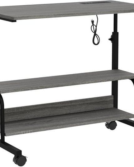 Height Adjustable Standing Desk with Power Outlets, 32" Manual Stand Up Desk with Storage Shelves Small Mobile Rolling Computer Desk Portable Laptop Table with Wheels for Home Office, Grey Oak - LeafyLoom