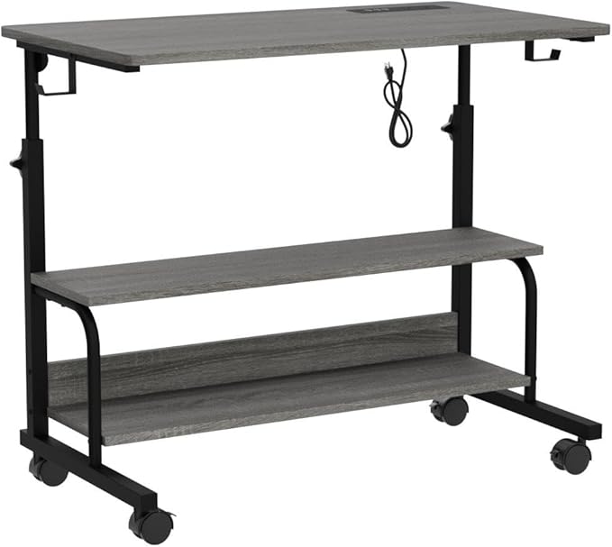 Height Adjustable Standing Desk with Power Outlets, 32" Manual Stand Up Desk with Storage Shelves Small Mobile Rolling Computer Desk Portable Laptop Table with Wheels for Home Office, Grey Oak - LeafyLoom