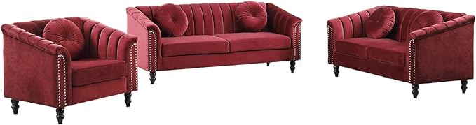 Velvet Living Room Sofa Set 3 Piece Modern Decor Sofa and Loveseat Set with Scroll Arms and Nailhead, Includes 2 Loveseat Couch and Armchair Red - LeafyLoom