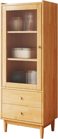 Wooden Glass Door Bookcase - 3-Tier Cube Bookshelf Storage Cabinet with Double Drawer and Adjustable Shelf, Solid Wood Legs Cupboard in Pear Yellow - LeafyLoom