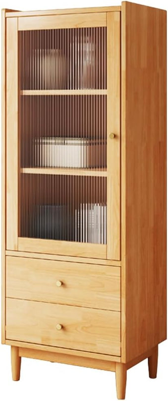 Wooden Glass Door Bookcase - 3-Tier Cube Bookshelf Storage Cabinet with Double Drawer and Adjustable Shelf, Solid Wood Legs Cupboard in Pear Yellow - LeafyLoom