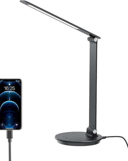 LED Desk Lamp with USB Charging Port, Touch Control Dimmable Office Lamp, 5 Color Modes 6 Brightness Levels Eye-Caring Table Lamp for Home Office Bedroom Reading Study, Black - LeafyLoom