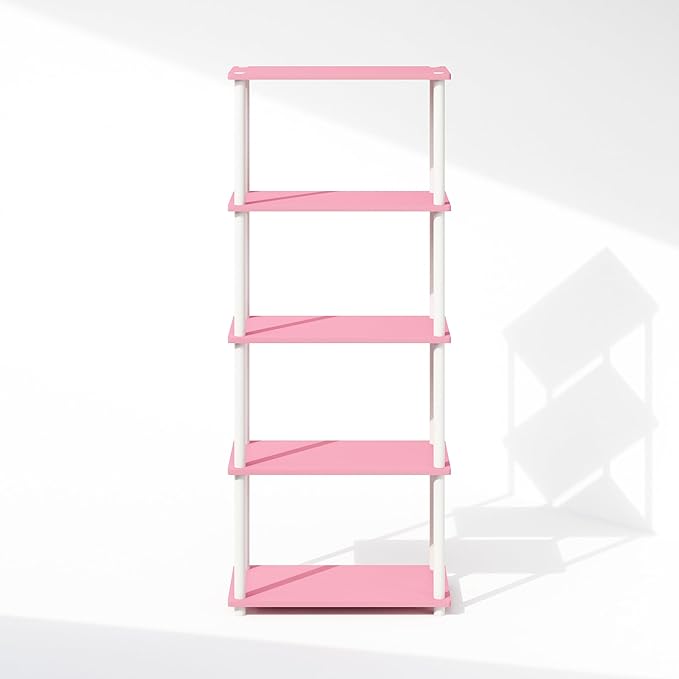 Furinno Turn-N-Tube 5-Tier Multipurpose Compact Display Rack, Shelving Unit, Bookcase, Pink/White - LeafyLoom