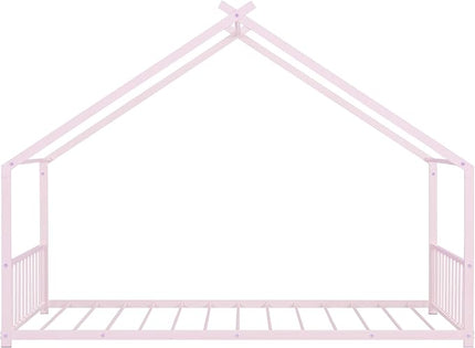 RITSU Twin Size Montessori Floor House Bed, Bedframe with Metal Slat & with Headboard and Footboard, Sturdy Construction, for Children's Room, Girls, Boys, Pink - LeafyLoom