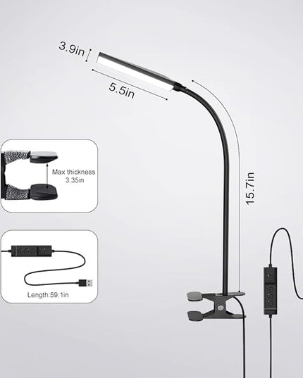 LED Desk Lamp with Clamp for Home Office, Dimmable Clip on Desk Light with USB Port, 3 Color Modes 11 Brightness Flexible Gooseneck Reading Lamp for Studying Working, Black - LeafyLoom