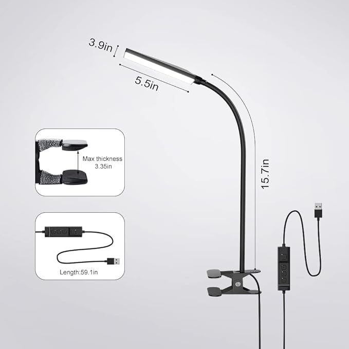 LED Desk Lamp with Clamp for Home Office, Dimmable Clip on Desk Light with USB Port, 3 Color Modes 11 Brightness Flexible Gooseneck Reading Lamp for Studying Working, Black - LeafyLoom