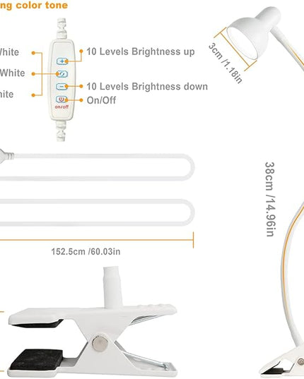 Clip on Lamp USB Reading Light, 3 Color Modes, 10 Brightness Dimmable, Flexible Gooseneck Desk Lamp with Clamp, Eye Care Clip on Light for Bed Desk Headboard Home Dorm(White) - LeafyLoom
