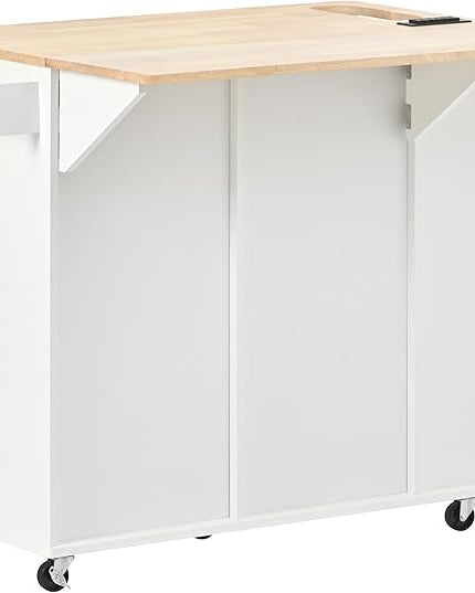 40Inch Kitchen Storage Island Table with Drop Leaf, Power Outlet, Kitchen-Car on 5 Wheels w/Open Cabinets, Drawer and Entire-Side Spice Rack for Dining Room, Home, Kitchen - LeafyLoom
