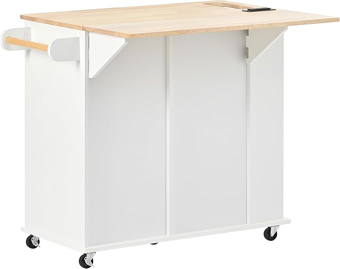 40Inch Kitchen Storage Island Table with Drop Leaf, Power Outlet, Kitchen-Car on 5 Wheels w/Open Cabinets, Drawer and Entire-Side Spice Rack for Dining Room, Home, Kitchen - LeafyLoom