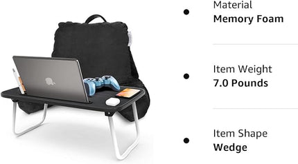 Nestl Reading Pillow with Portable Laptop Lap Desk, Velvet Feel Back Pillow for Sitting in Bed, Shredded Memory Foam Back Support Pillow for Bed, Bed Rest Pillow with Arms, Standard - Black - LeafyLoom