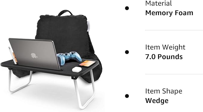 Nestl Reading Pillow with Portable Laptop Lap Desk, Velvet Feel Back Pillow for Sitting in Bed, Shredded Memory Foam Back Support Pillow for Bed, Bed Rest Pillow with Arms, Standard - Black - LeafyLoom