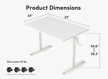 FEZIBO 32" Whole Piece Crank Height Adjustable Desk, 32 Inches Manual Standing Desk, Writing Table with Handle, Home Office Desk with White Frame/White Table Top - LeafyLoom