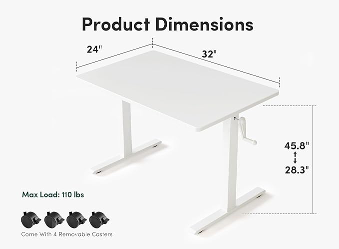 FEZIBO 32" Whole Piece Crank Height Adjustable Desk, 32 Inches Manual Standing Desk, Writing Table with Handle, Home Office Desk with White Frame/White Table Top - LeafyLoom