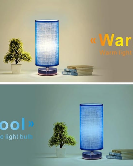 Table Lamp, Bedside Nightstand Lamp, Simple Desk Lamp, Cylinder Table Lamp for Bedroom Living Room Office Study, Blue Shade and Silver Base - LeafyLoom