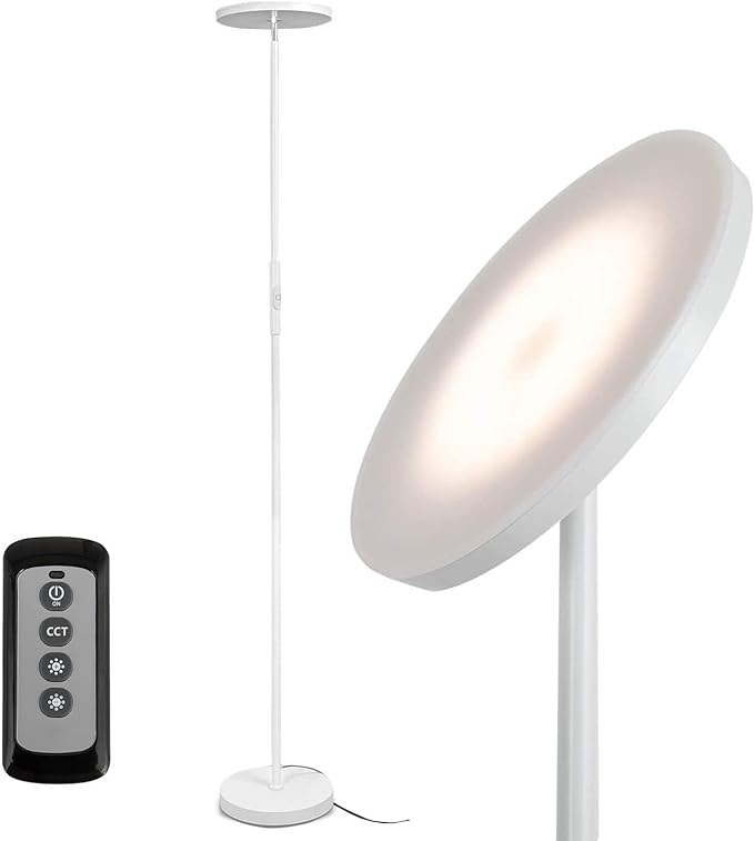 JOOFO Floor Lamp,30W/2400LM Sky LED Modern Torchiere 3 Color Temperatures Super Bright -Tall Standing Pole Light with Remote & Touch Control for Living Room,Bed Room,Office (Pearl White) - LeafyLoom