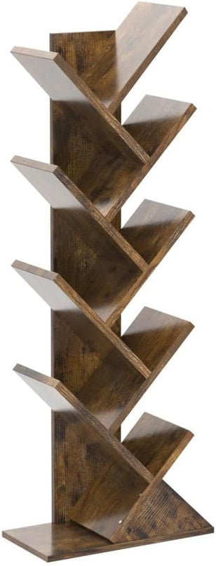 Topfurny Tree Bookshelf, 9-Tier Shelf Rustic Brown Bookcase, Retro Wood Storage Rack for CDs/Movies/Books, Anti-Fall Utility Organizer Shelves for Living Room, Bedroom, Home Office, Rustic - LeafyLoom