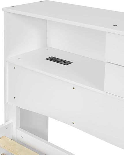 Full Size Wood Pltaform Trundle and 3 Drawers/Upper Shelves,Multifunctional Storage Bed Frame,W/a Set of USB Ports & Sockets,for Apartment,Bedroom,Living Room,White - LeafyLoom