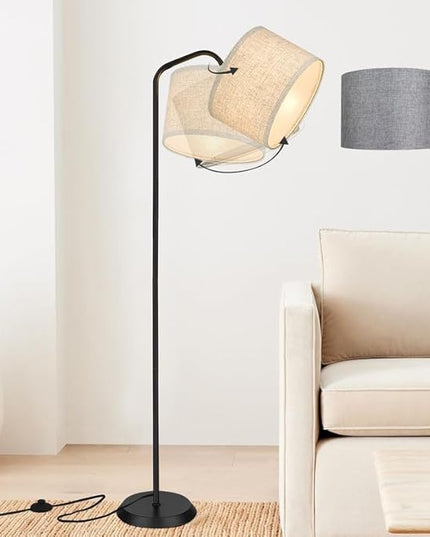 ELYONA Modern Floor Lamp for Living Room, Tall Pole Standing Light with 2 Fabric Shades and 9W LED Bulb, Industrial Reading Light, Adjustable Floor Lamps for Office, Bedrooms, Farmhouse, Black - LeafyLoom