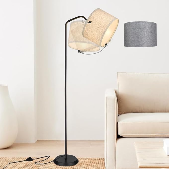ELYONA Modern Floor Lamp for Living Room, Tall Pole Standing Light with 2 Fabric Shades and 9W LED Bulb, Industrial Reading Light, Adjustable Floor Lamps for Office, Bedrooms, Farmhouse, Black - LeafyLoom