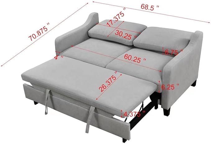 68.5" Oversized Loveseat Sofa Bed W/Pull Out Sleeper Couch and 2 Pillows,3 in 1 Reclining Backrest Queen Size Love Seat Convertible Spacious Sofabed for Home Apartment Office Living Room - LeafyLoom