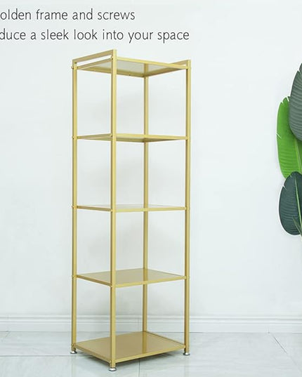 Gold Shelf, Gold Bookcase, 5-Tier Bookshelf Shoe Purse Handbag Rack Shelving Unit Etagere Tall Narrow Metal Corner Shelf Boutique Display Storage Retail Commercial Stand(19.7x15.7x63) - LeafyLoom